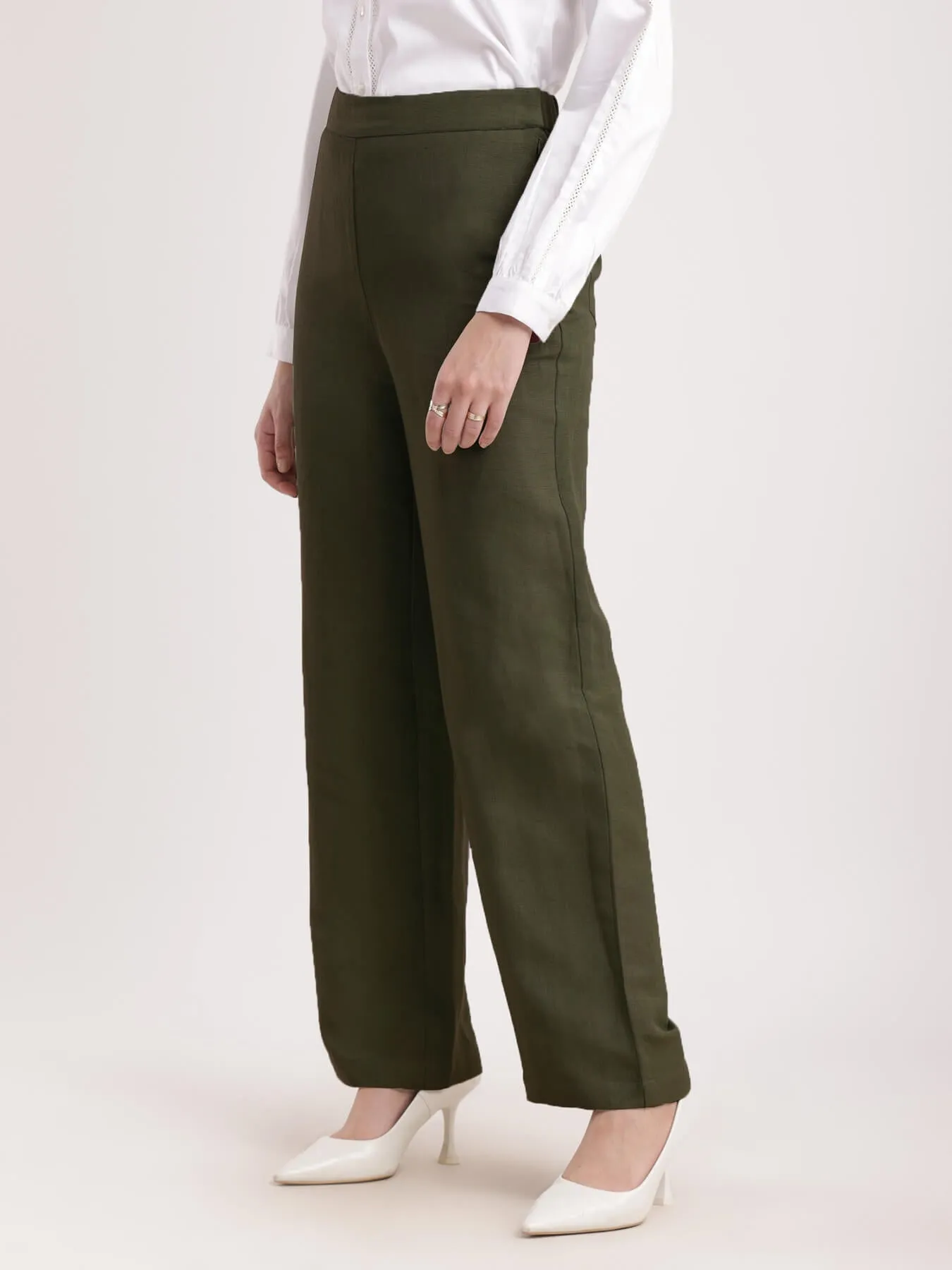 Linen Elasticated Wide Leg Trouser - Olive