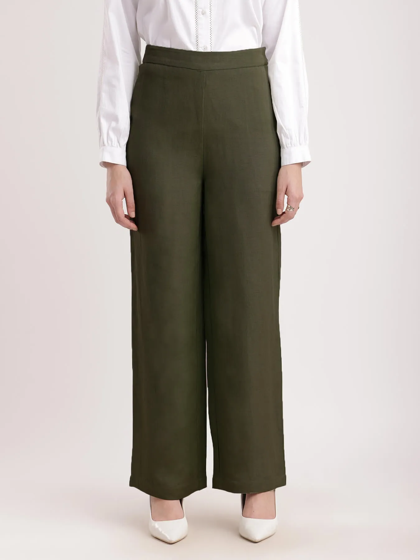 Linen Elasticated Wide Leg Trouser - Olive