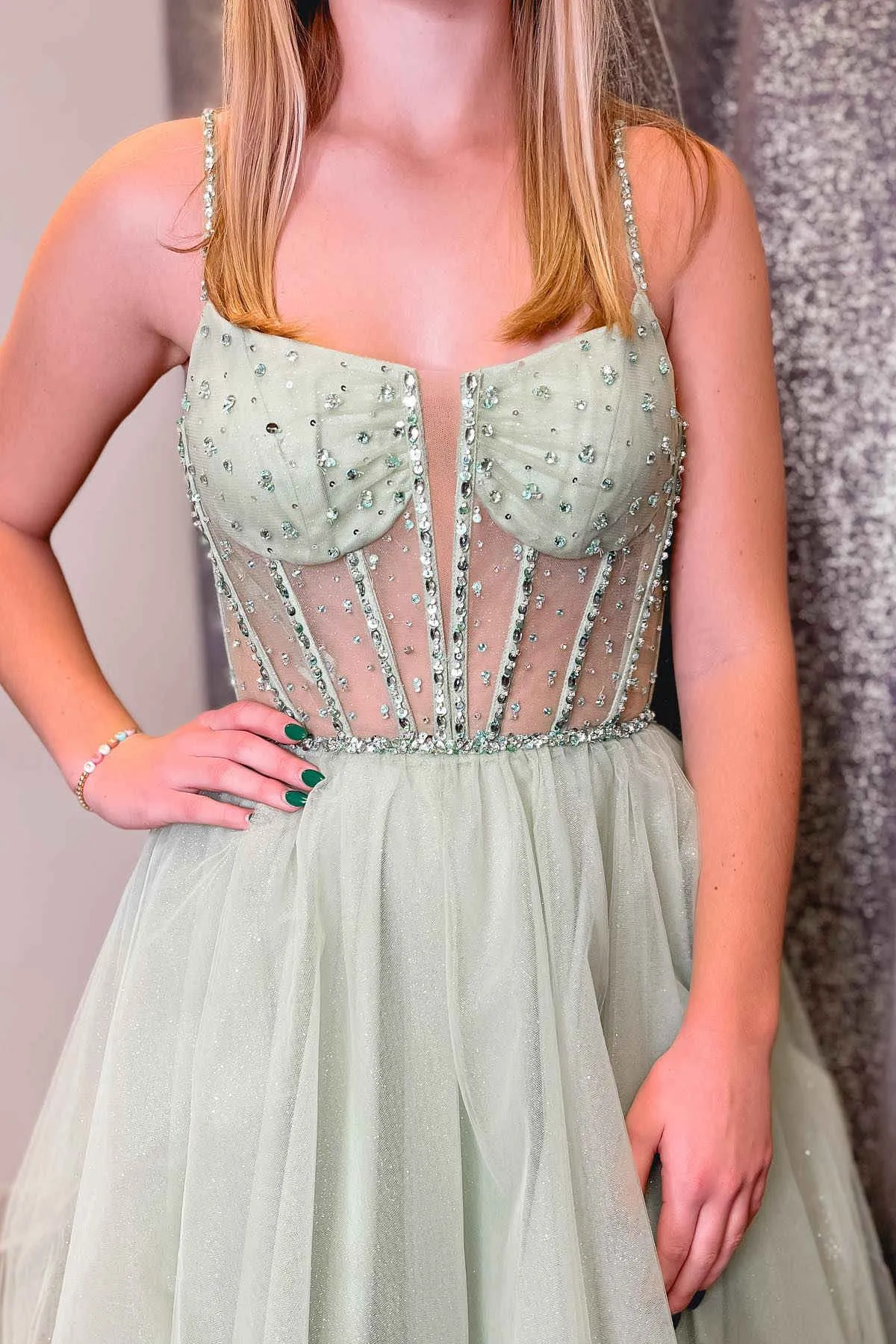 Madeline | Sage Green Straps Sequin Beaded A-Line Tulle Prom Dress