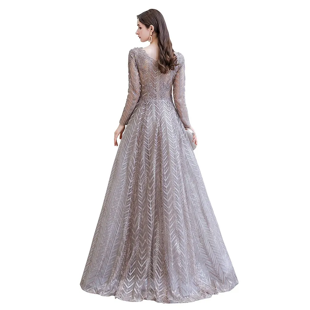 Modest Long Sleeves V-Neck Princess Prom Dress Sequined Aline Party Gown