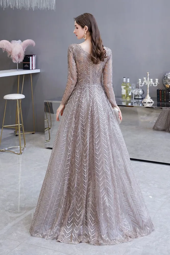 Modest Long Sleeves V-Neck Princess Prom Dress Sequined Aline Party Gown