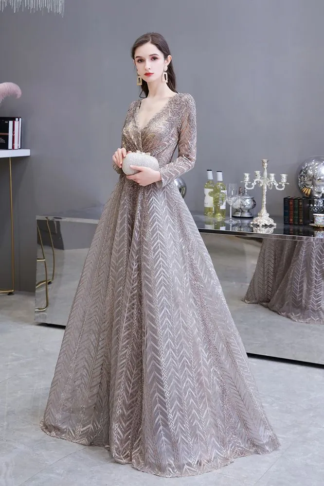 Modest Long Sleeves V-Neck Princess Prom Dress Sequined Aline Party Gown