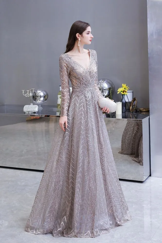 Modest Long Sleeves V-Neck Princess Prom Dress Sequined Aline Party Gown