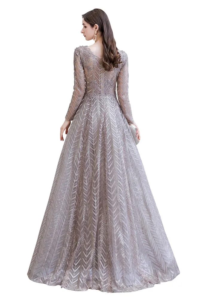 Modest Long Sleeves V-Neck Princess Prom Dress Sequined Aline Party Gown