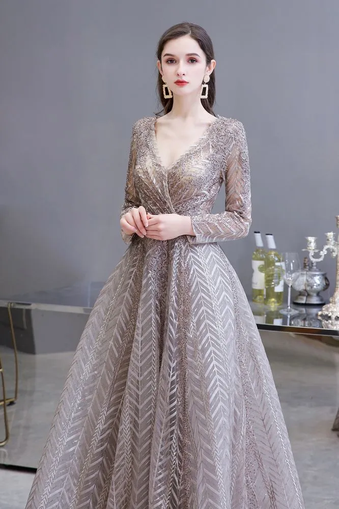 Modest Long Sleeves V-Neck Princess Prom Dress Sequined Aline Party Gown