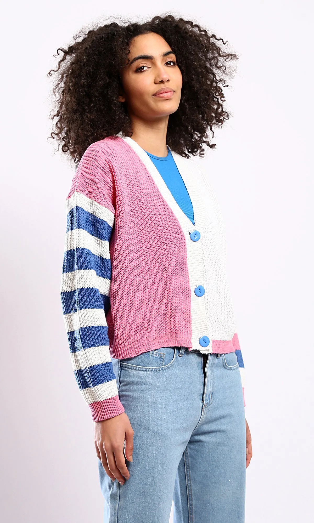 O173661 Knitted Short Cardigan With Striped Sleeves - Navy Blue & Pink