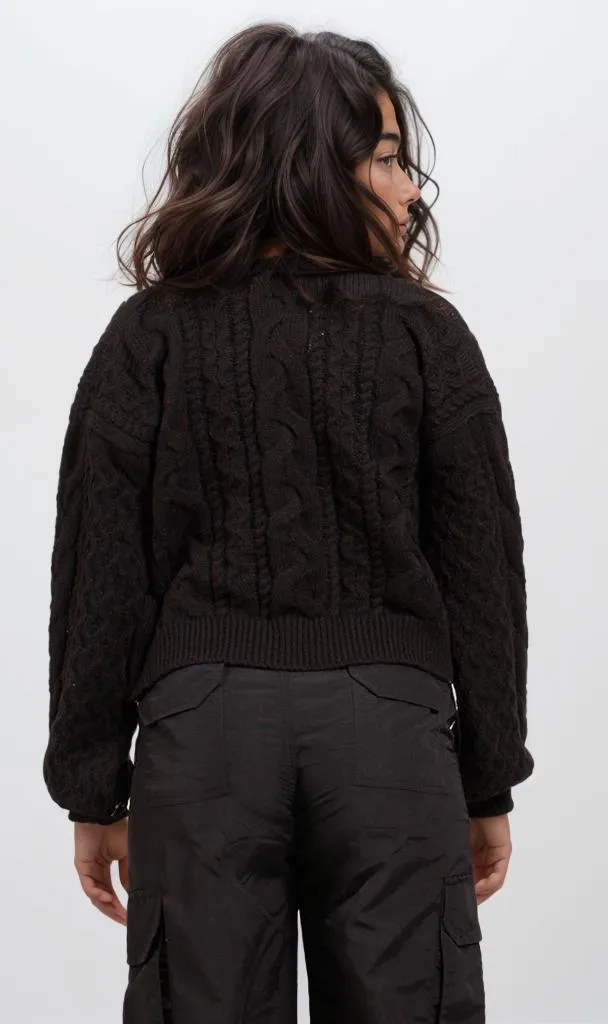 o199860-CROPPED SWEATER WITH CABLE DETAIL - BROWN