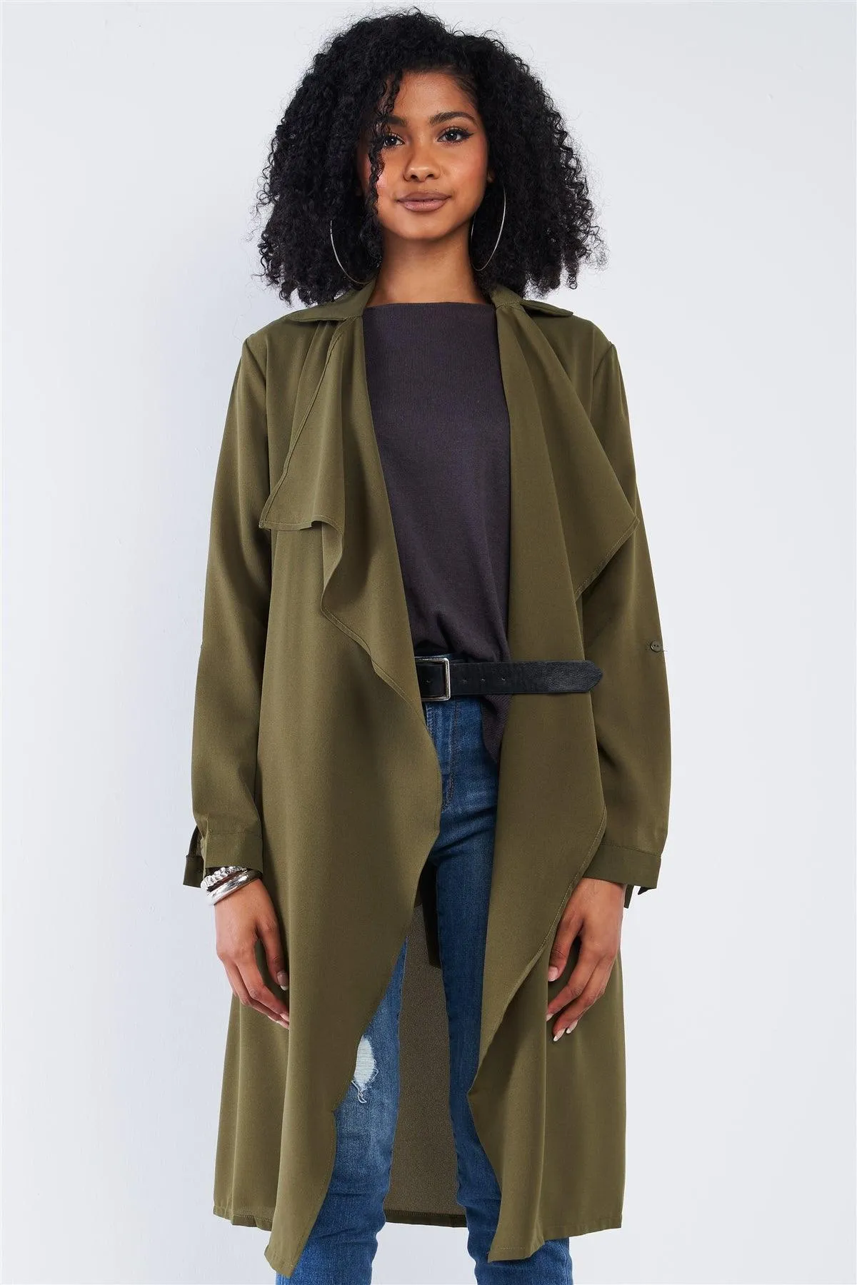 Olive Green Open Front Self-Tie Long Sleeve Relaxed Fit Lightweight Midi Trench Coat Jacket /2-2-2