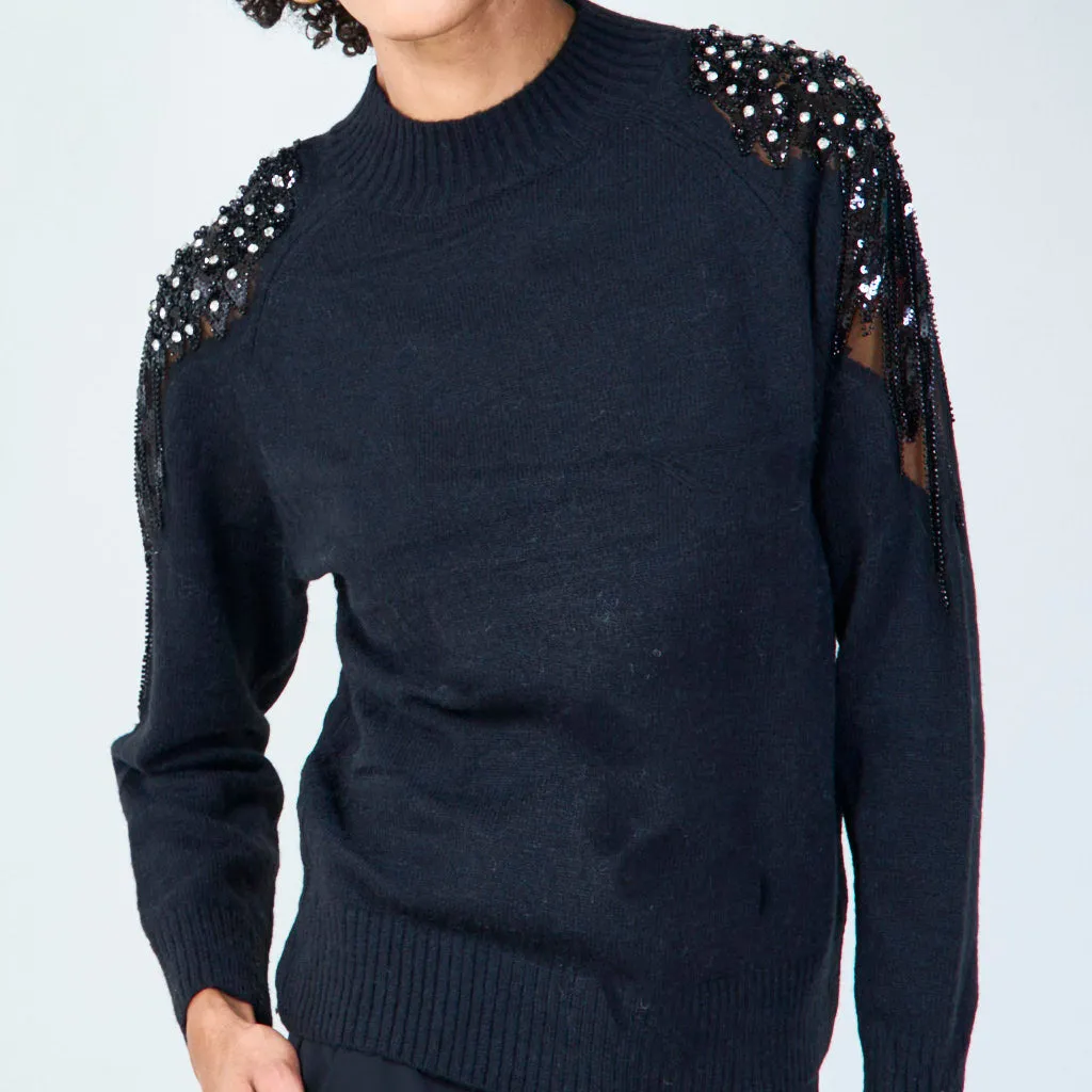 Pearl and sequin shoulder knit sweater wholesale