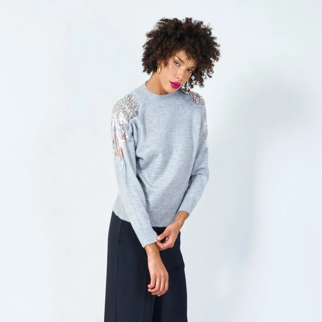 Pearl and sequin shoulder knit sweater wholesale