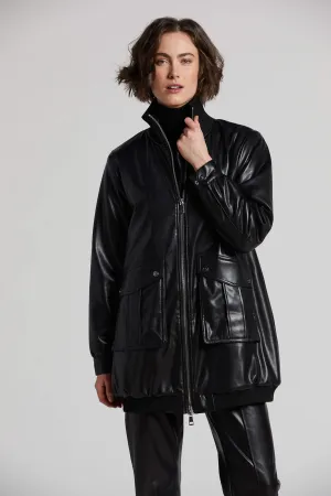 Petra Long Vegan Leather Bomber Jacket - Black