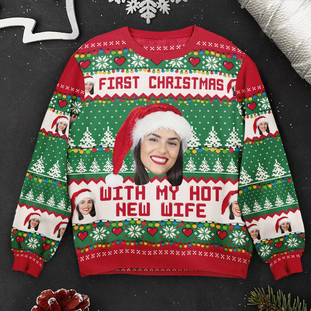 (Photo Inserted) First Christmas With My Hot New Wife - Personalized Matching Ugly Sweater