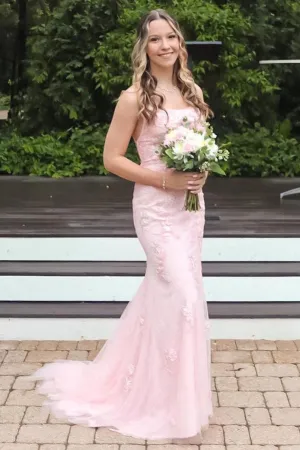 Pink Straps Mermaid Long Prom Dress with Appliques