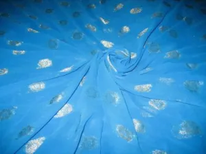 Polyester georgette Aqua Blue color fabric with metallic silver & gold jacquard ~ 44 inches wide