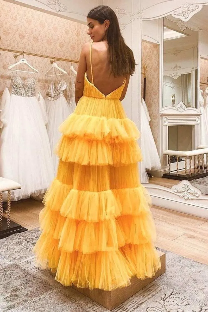 Princess Tiered Yellow Tulle Straps Backless Long Prom Dress