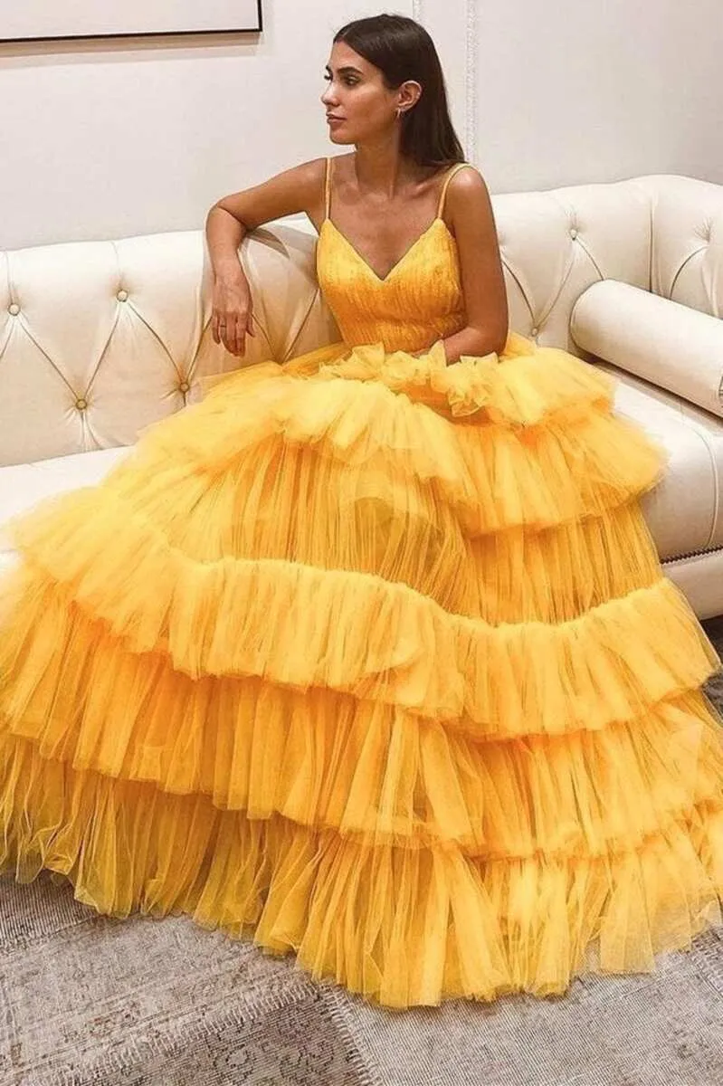 Princess Tiered Yellow Tulle Straps Backless Long Prom Dress