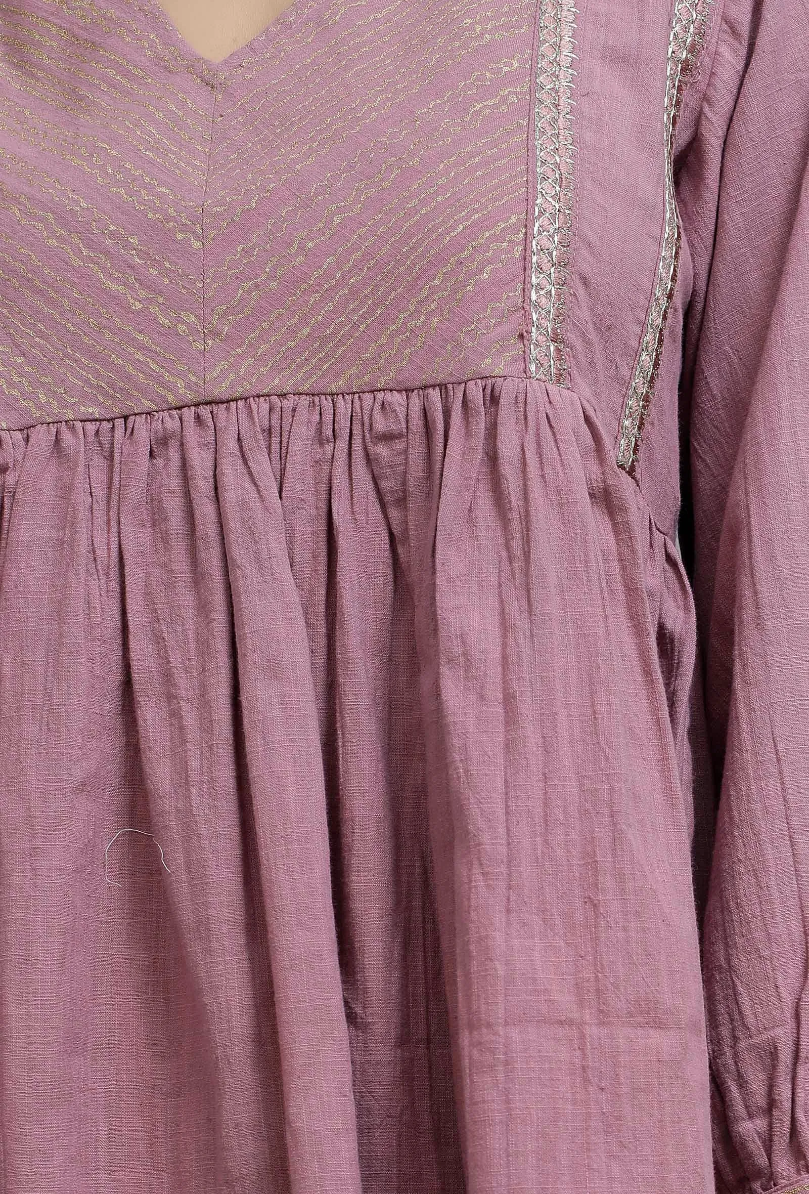 Set of 2: Onion Pink Hand-Block Gathered Short Kurta With Solid Onion Pink Side Pleated Pants