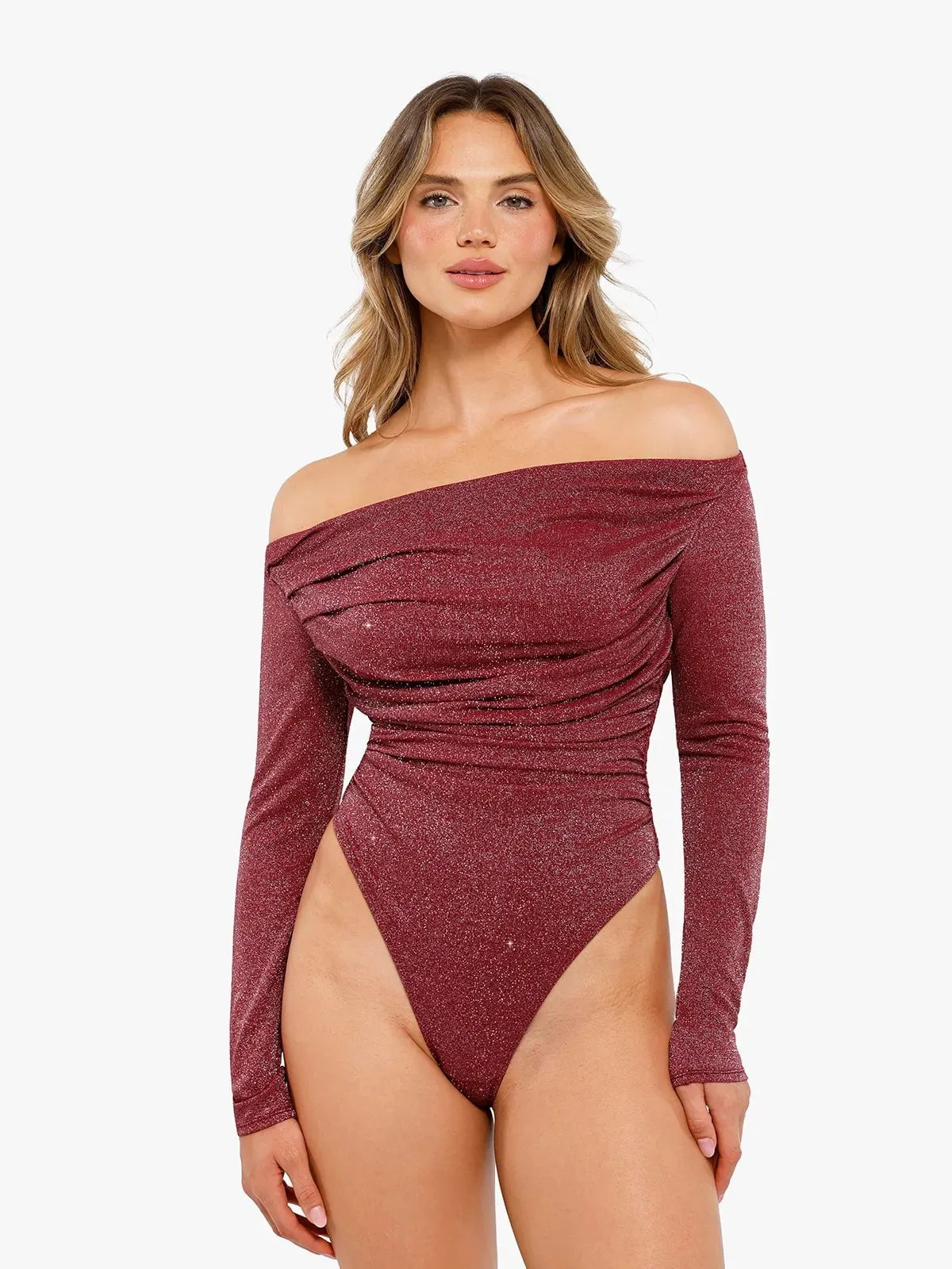 Shapewear Metallic Knit Long Sleeve Slimming Bodysuit