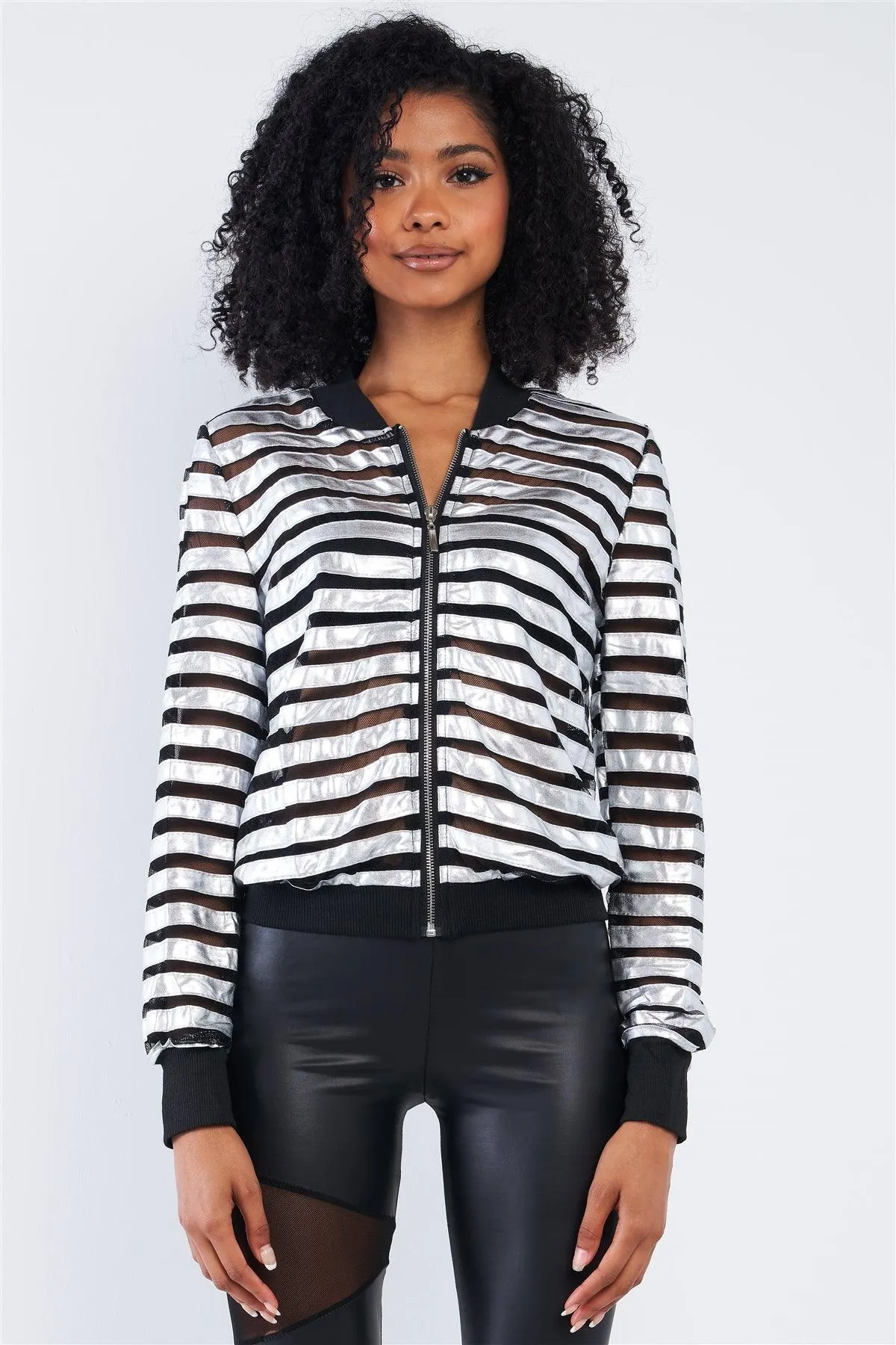 Silver Lining Black And Silver Horizontal Stripe Semi-Sheer Mesh Throw On Jacket /2-2-2