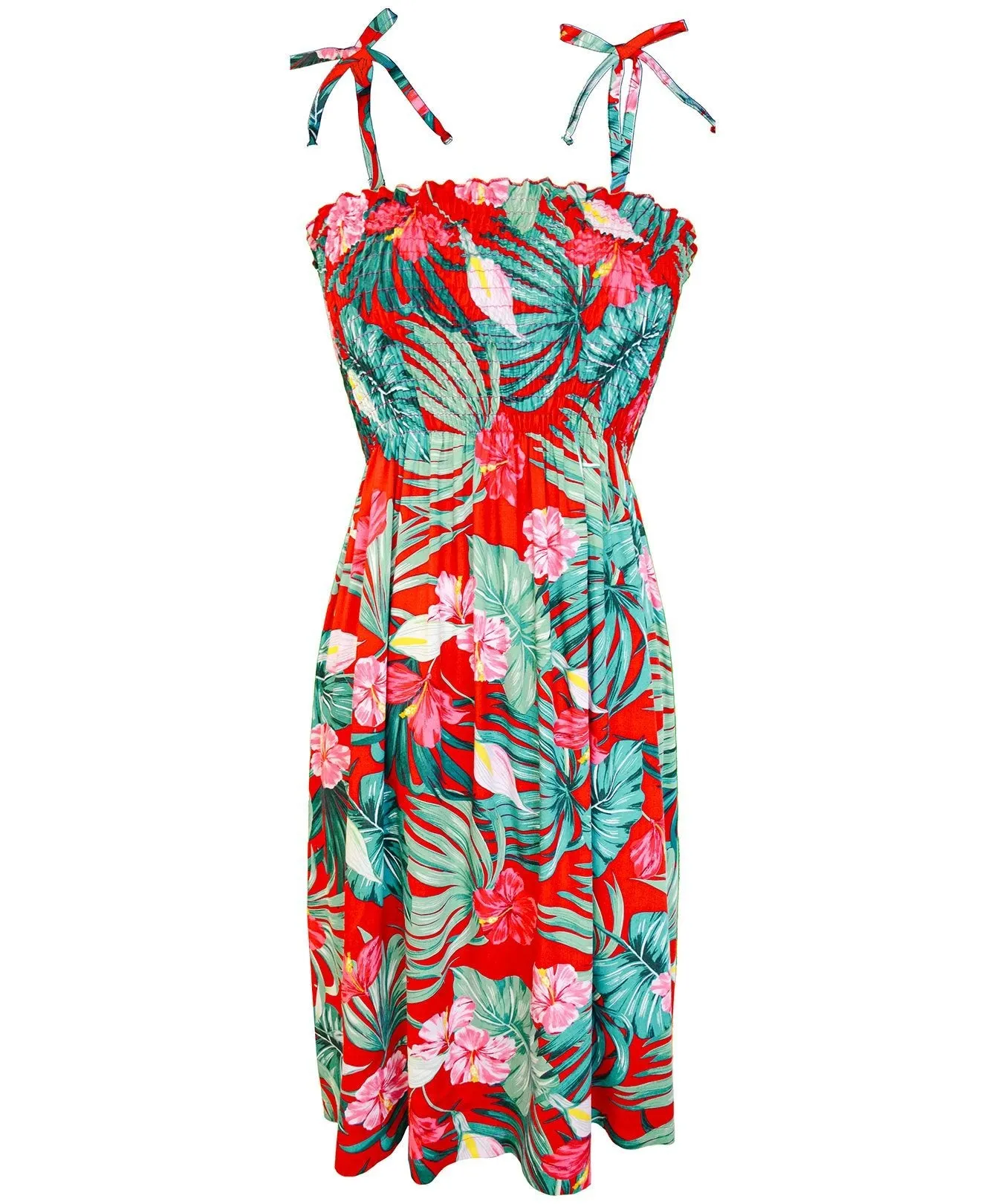 Smock Tube-Top Short Hawaiian Dress Palms Hibiscus