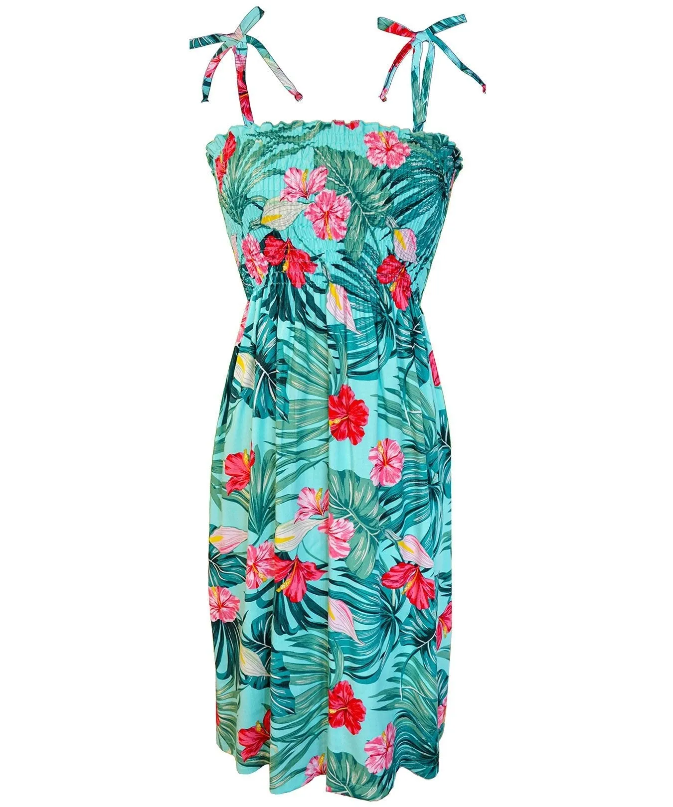 Smock Tube-Top Short Hawaiian Dress Palms Hibiscus