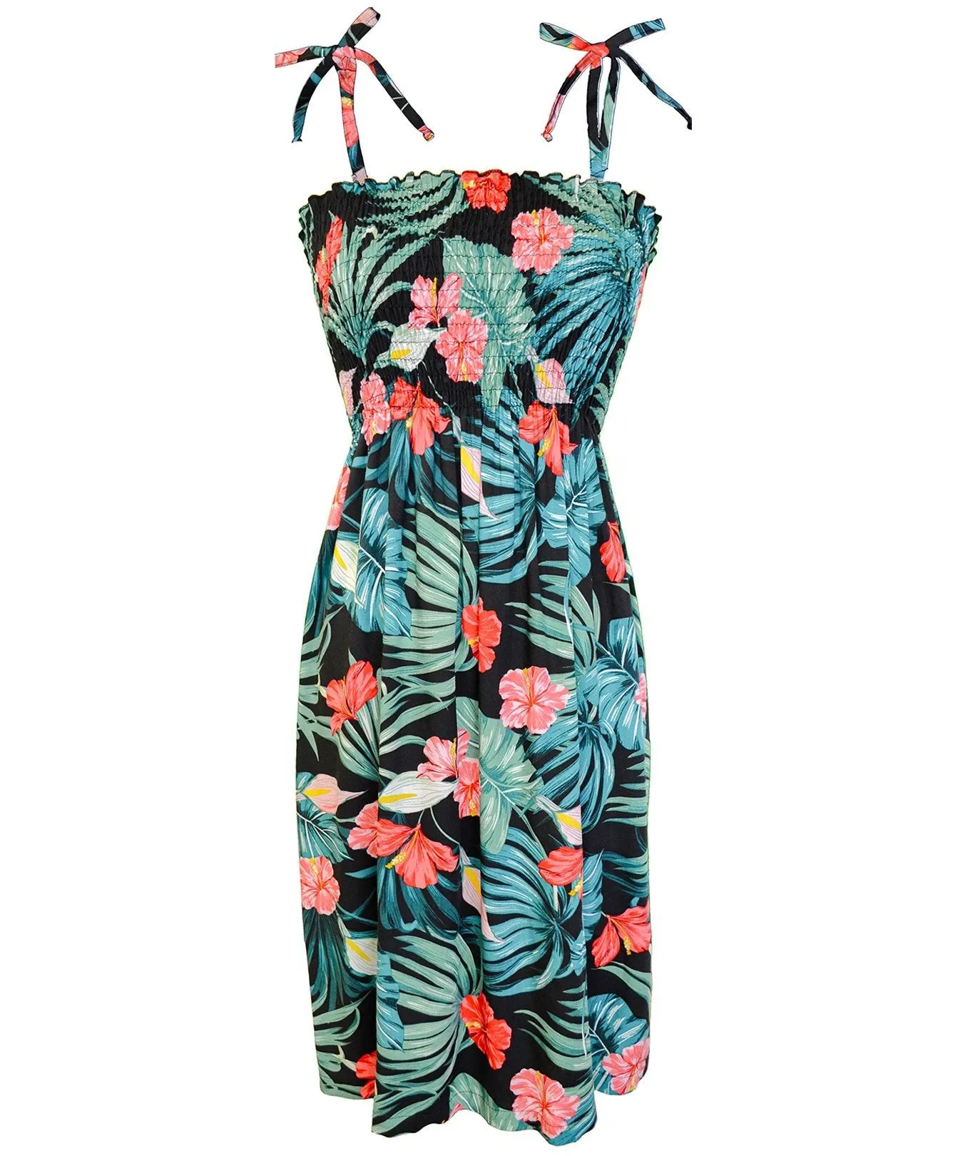 Smock Tube-Top Short Hawaiian Dress Palms Hibiscus