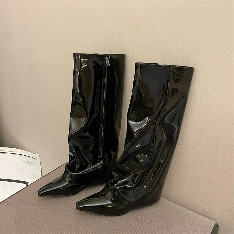 Stylish Fold Over Wedge Boots for Women, Fall Winter Spring Heel Boots, Pointed Toe Black Leather Boots, Knee High Boots, Size 35 to 40