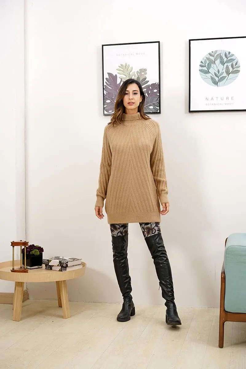 Textured Lines Soft Knit Roll Neck Tunic Sweater