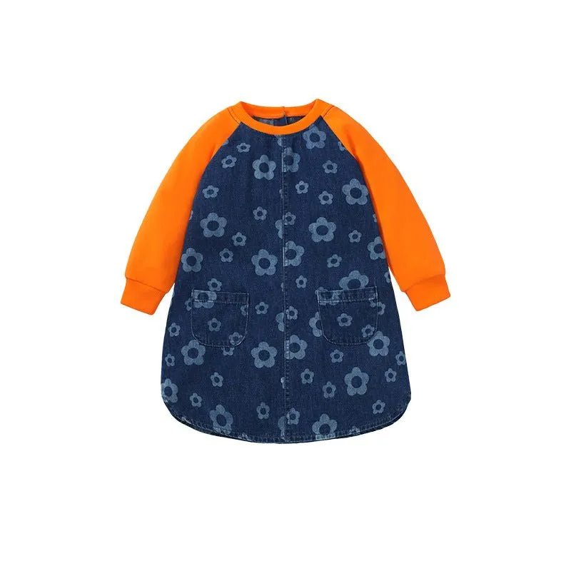 Toddler/Kid Girl's Long Sleeve Denim Floral Print Design Dress