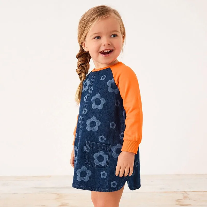 Toddler/Kid Girl's Long Sleeve Denim Floral Print Design Dress