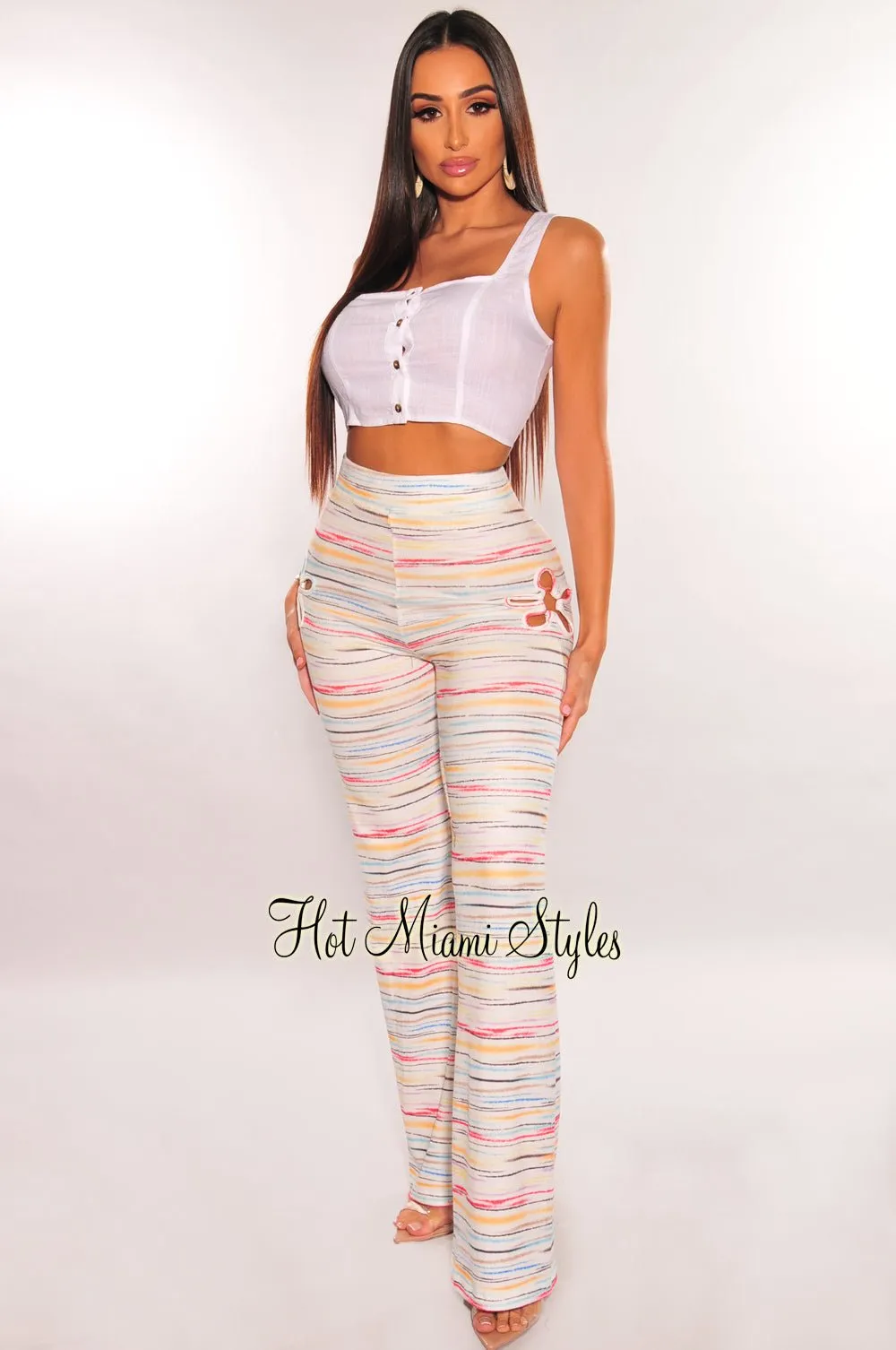 White Multi Color Knit Flower Ring Flare Pants