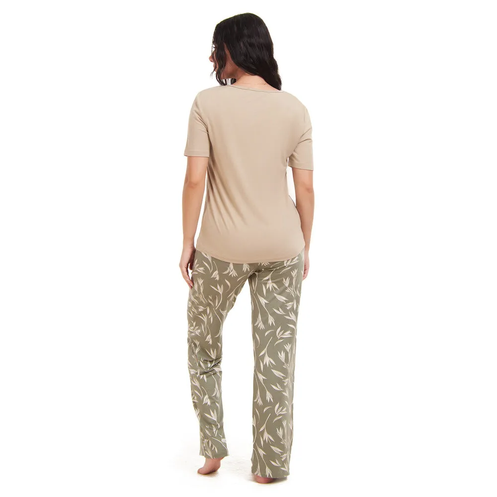 Women summer pajama set Beige top   Pastel Willow pants