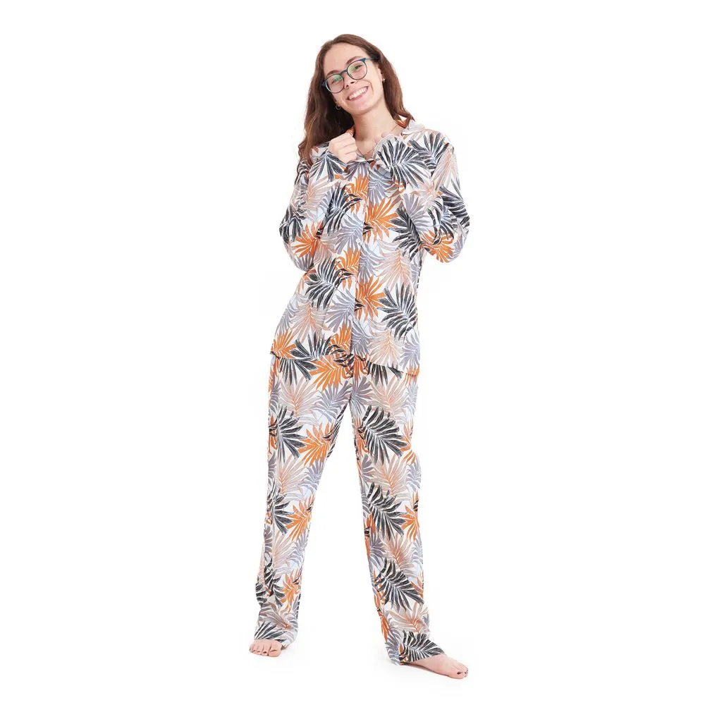 Women summer pajama set Havane leaves buttoned shirt   pants