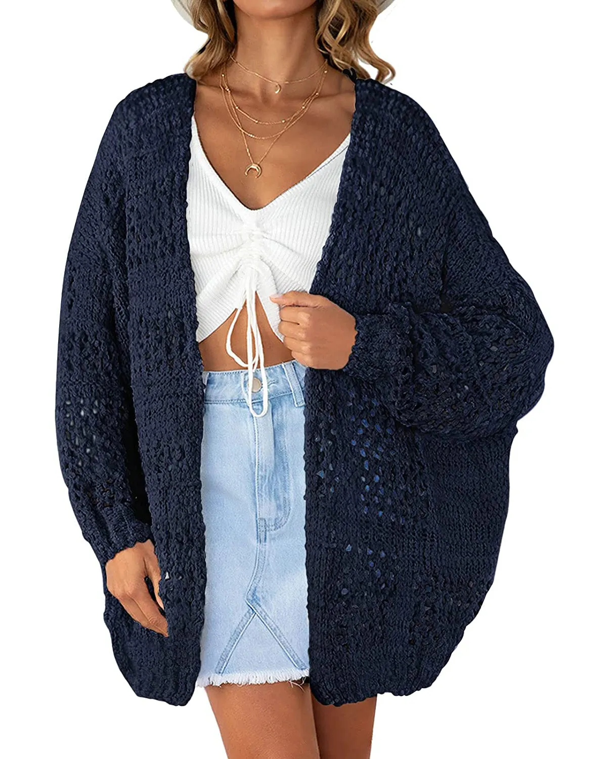 ZESICA Batwing Sleeve Crochet Hollow Cardigan