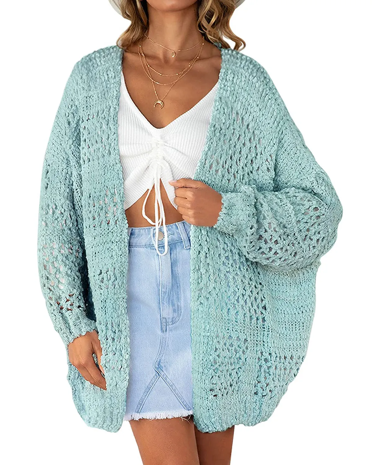 ZESICA Batwing Sleeve Crochet Hollow Cardigan