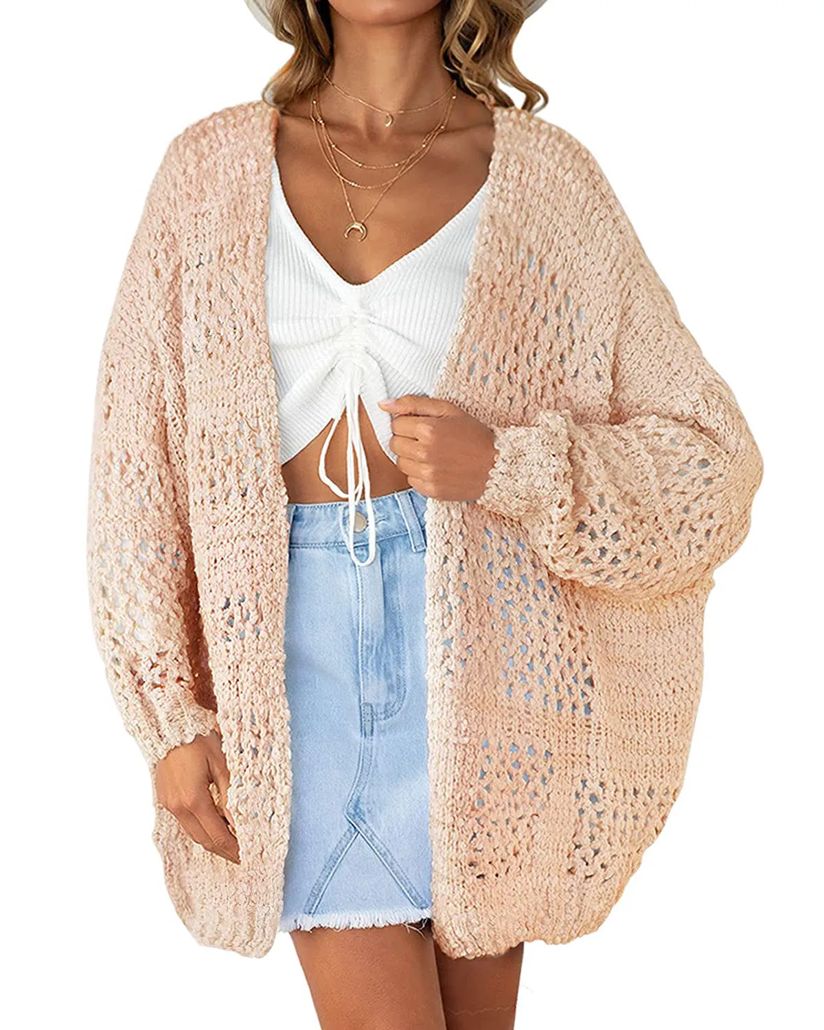 ZESICA Batwing Sleeve Crochet Hollow Cardigan