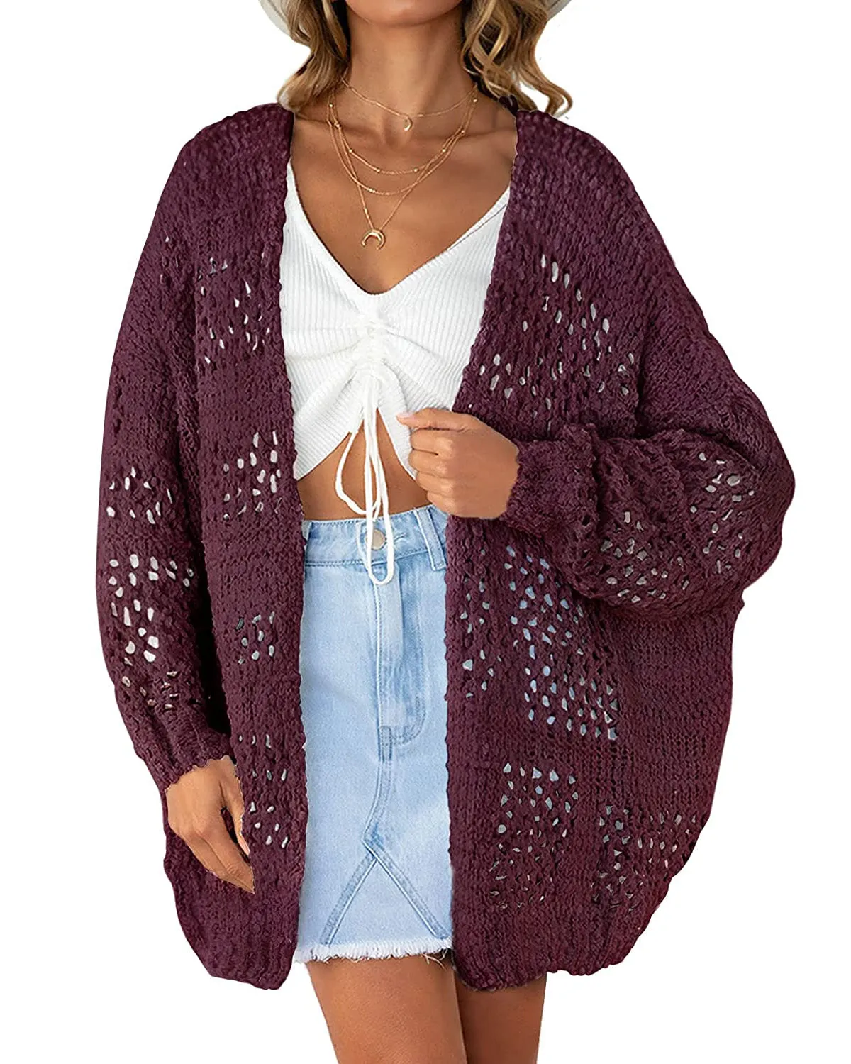 ZESICA Batwing Sleeve Crochet Hollow Cardigan