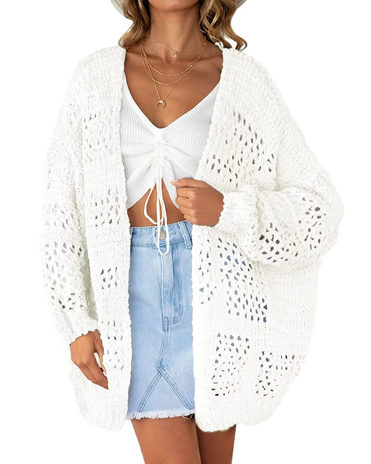 ZESICA Batwing Sleeve Crochet Hollow Cardigan