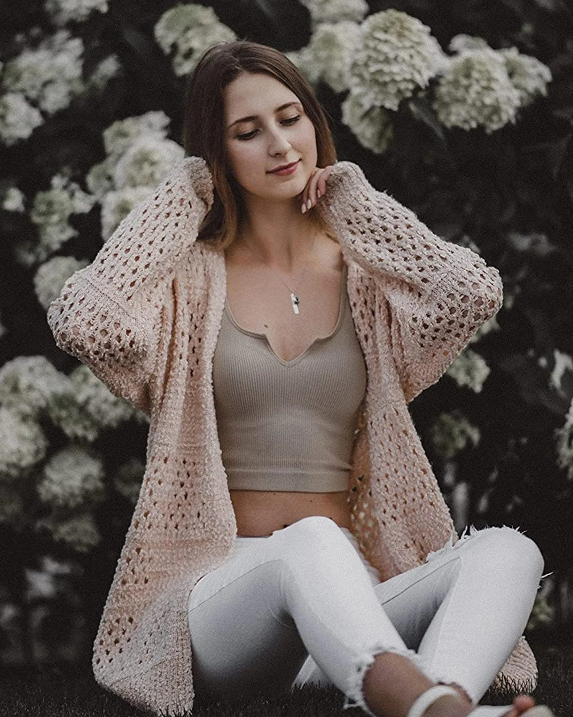 ZESICA Batwing Sleeve Crochet Hollow Cardigan