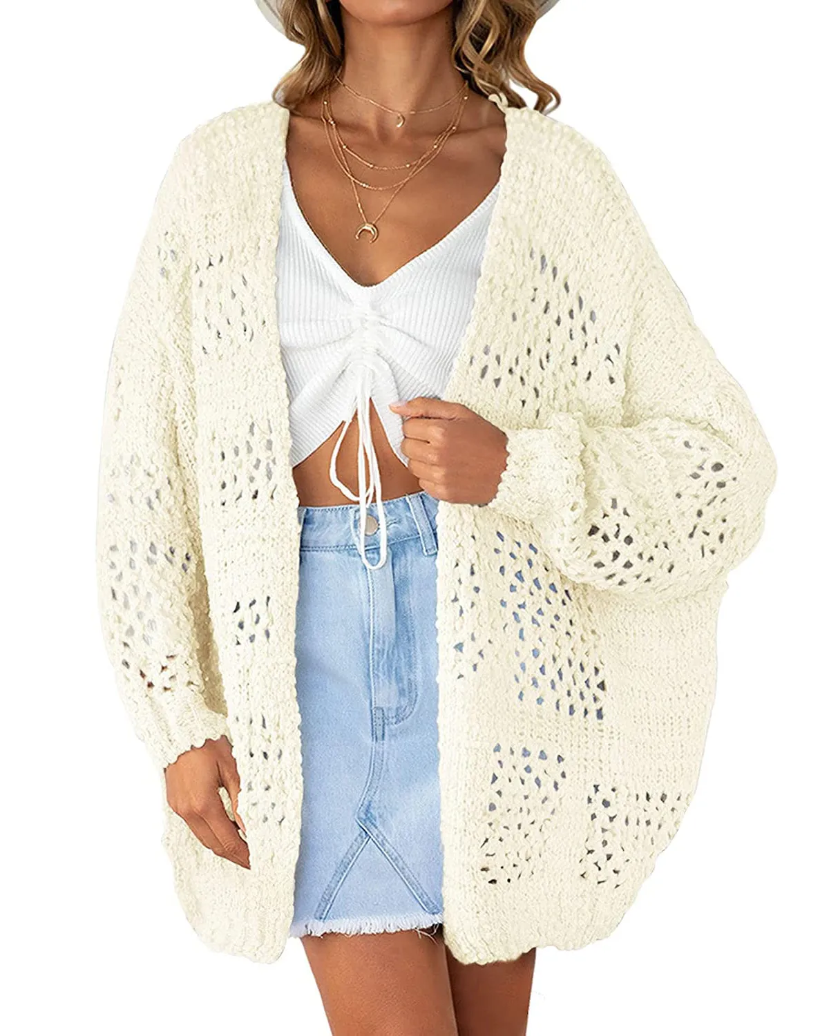 ZESICA Batwing Sleeve Crochet Hollow Cardigan