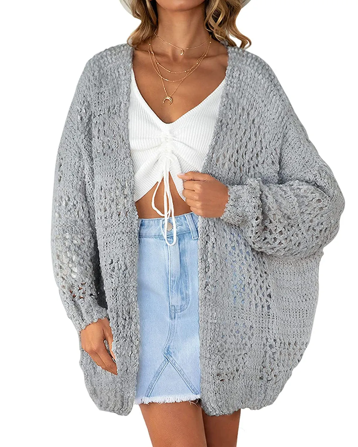 ZESICA Batwing Sleeve Crochet Hollow Cardigan