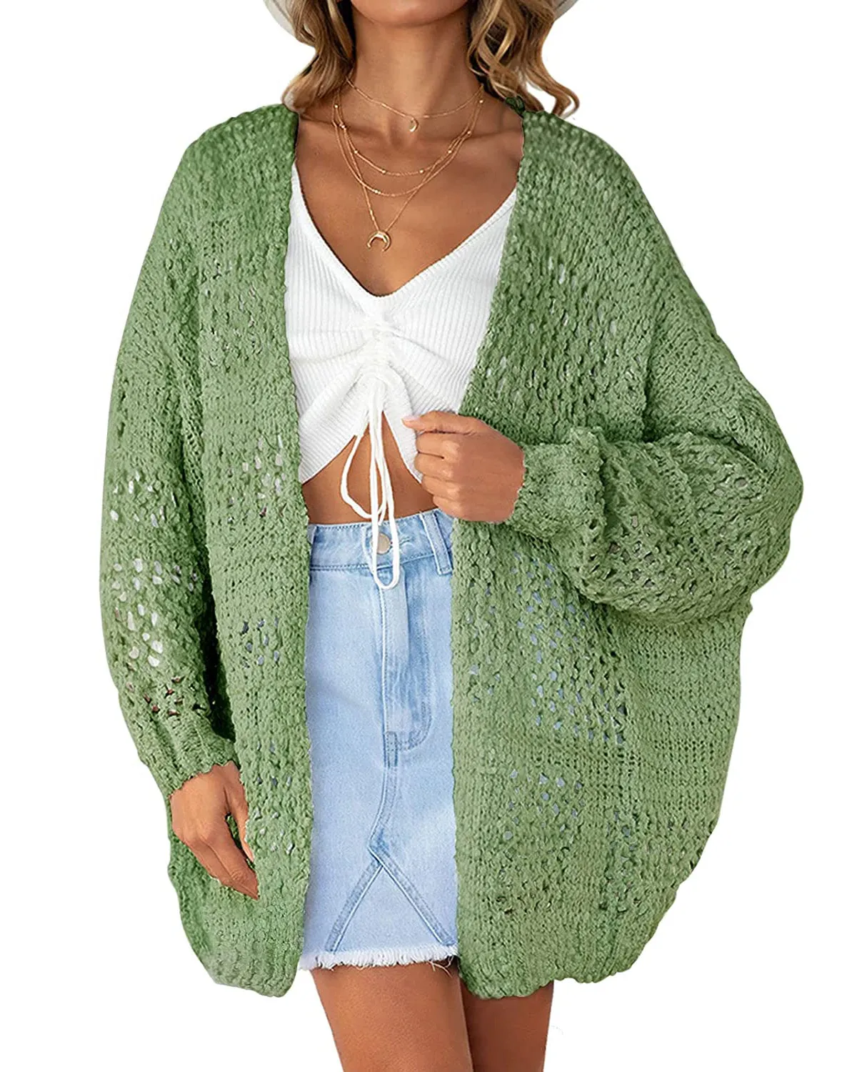 ZESICA Batwing Sleeve Crochet Hollow Cardigan