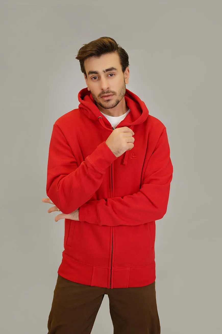 Zipper Hoodie - Woolen Fleece Red Plain