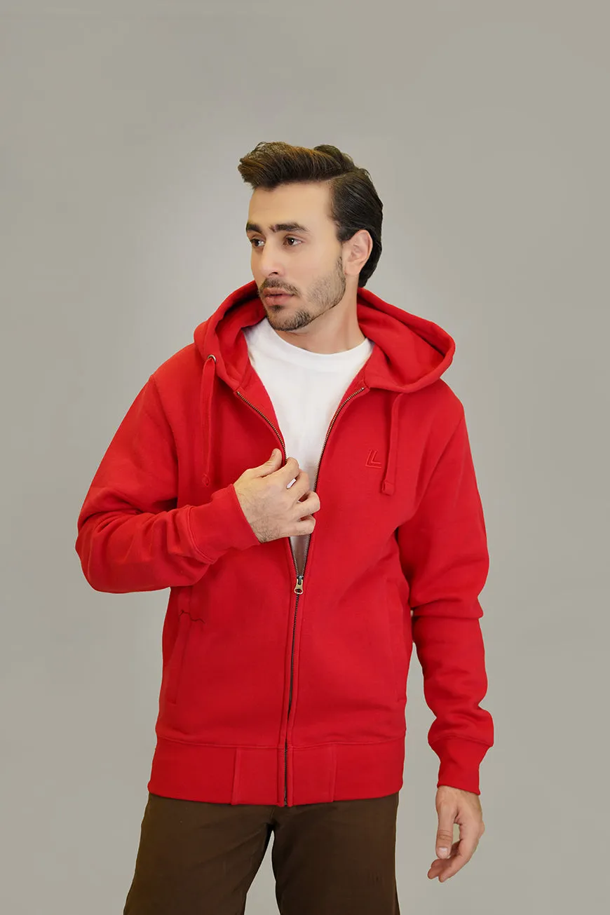 Zipper Hoodie - Woolen Fleece Red Plain